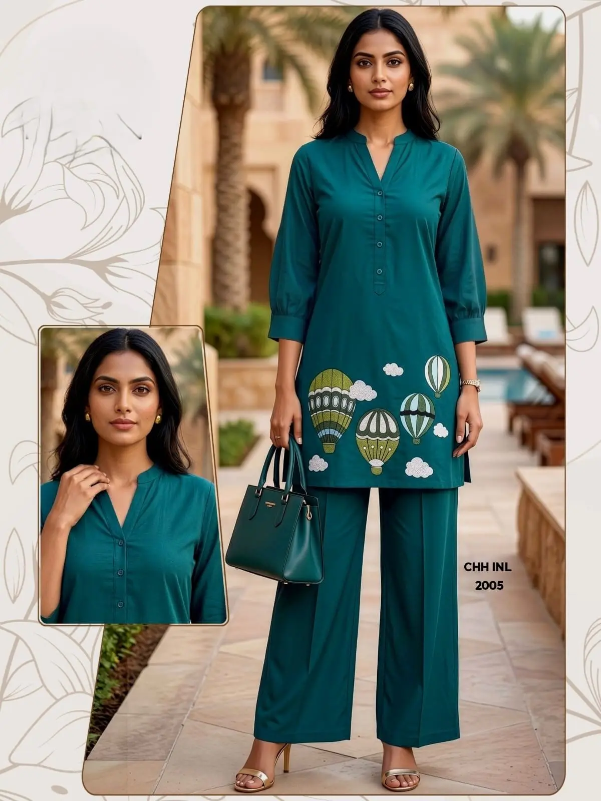 Teal Green Printed Kurti Set with Palazzo – Teal Green & White